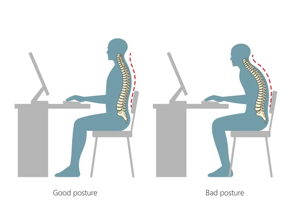 Correct and incorrect posture at the table spine vertebral column diagram hand drawn schematic vector illustration. Medical science educational illustration